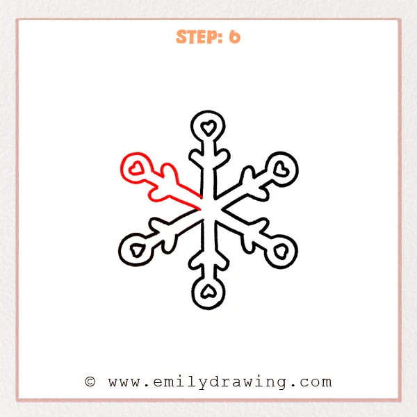 how to draw a cartoon snowflake - A cartoon snowflake with a new upper-left diagonal arm, ending in a circle with a heart and a small rounded side branch.